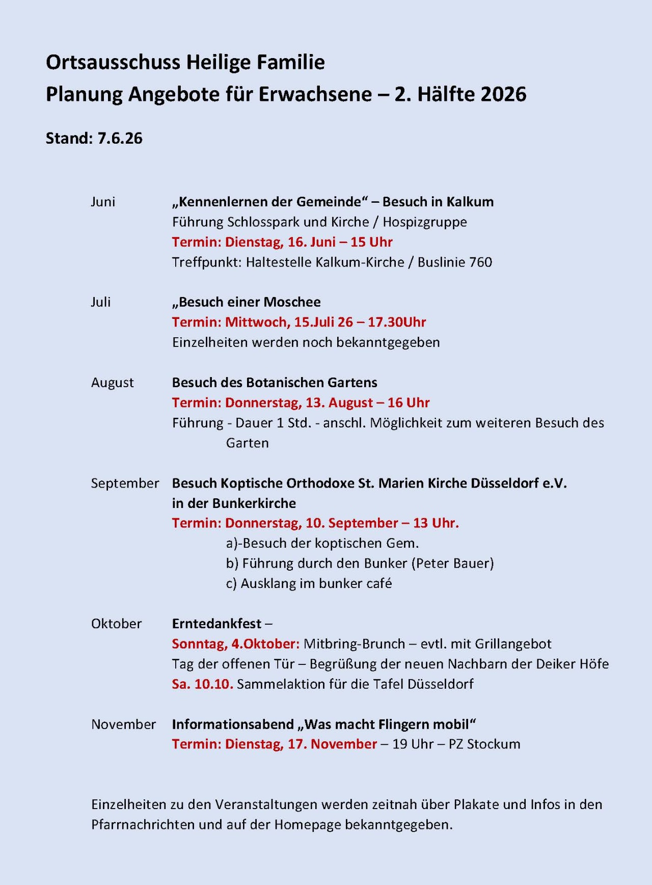 Termine des Ortsausschusses Heilige Familie 2026/2