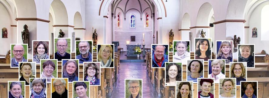 das Bild zeigt die Mitglieder als Fotos in den Bänken der Kirche St. Remigius