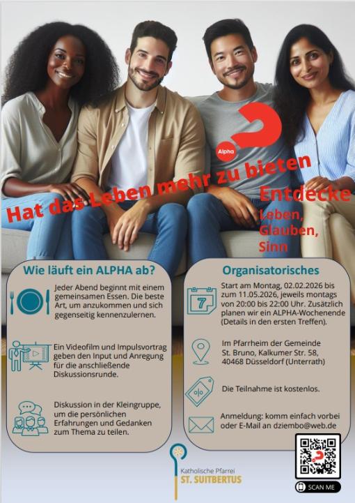 Menschen sitzen fröhlich beieinander. Plakat Alpha Kurs.